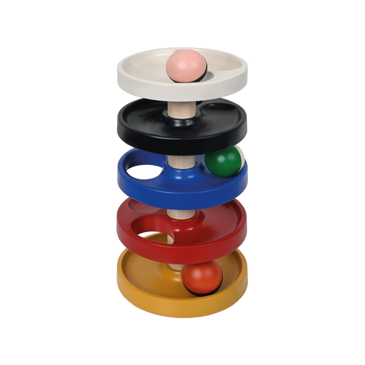 A stacked toy consisting of five colorful wooden discs and three metal balls in different colors.