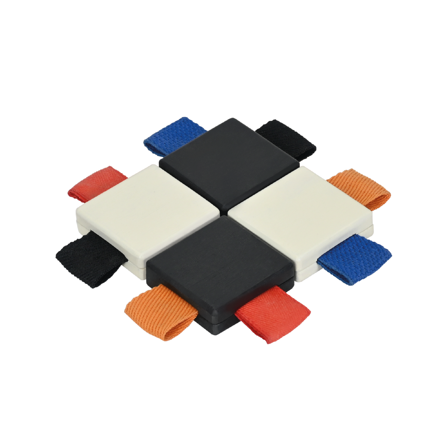 A set of multicolored checker tiles with looped ribbons, designed for infant sensory development.