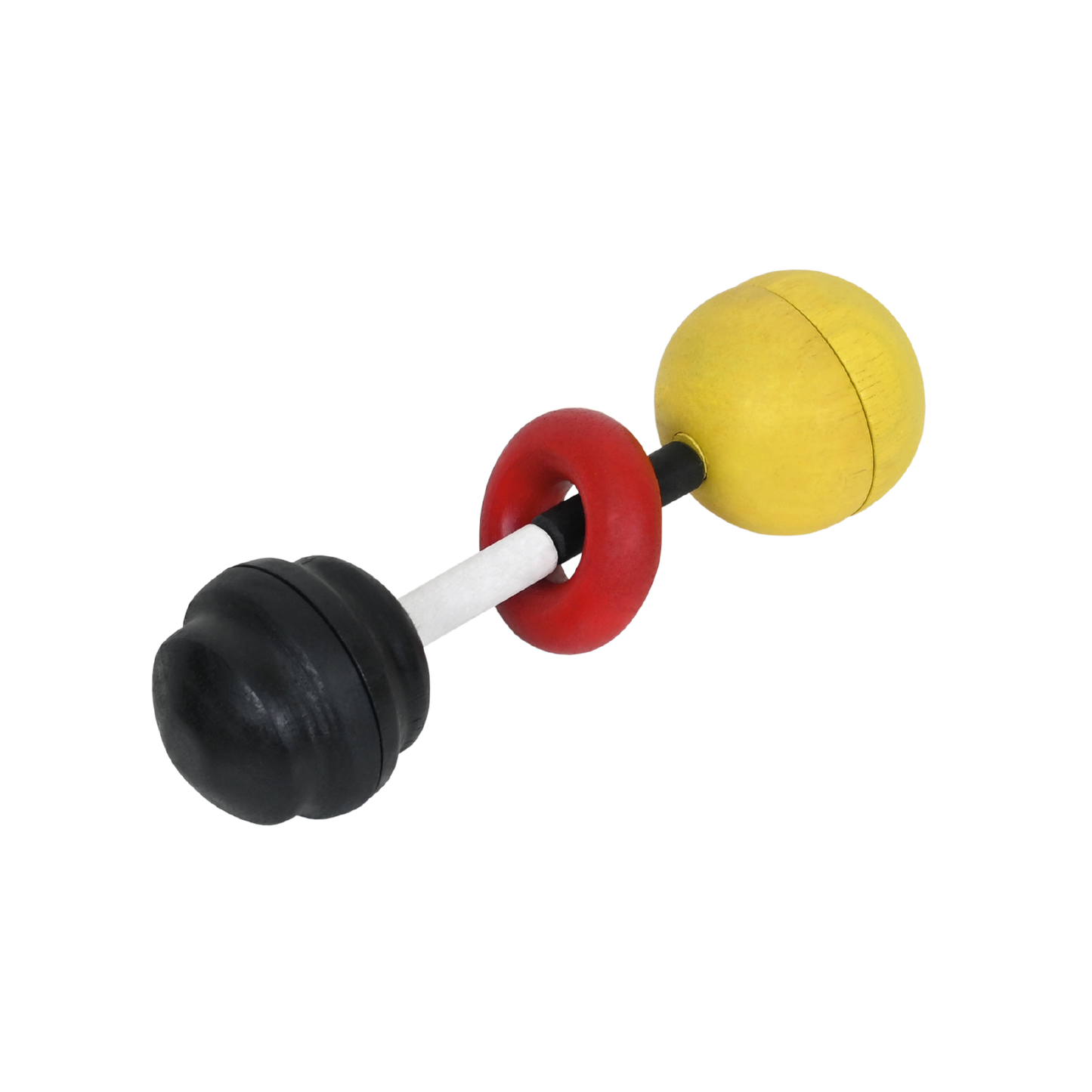 A Maraca Wand with a natural wood color and two rattling balls—one black and one yellow—attached to a red flexible stem.