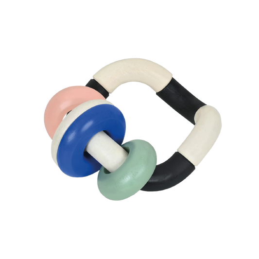 A black and white ring maraca with smooth, rounded rings and a small bell, designed for baby's grip and play.