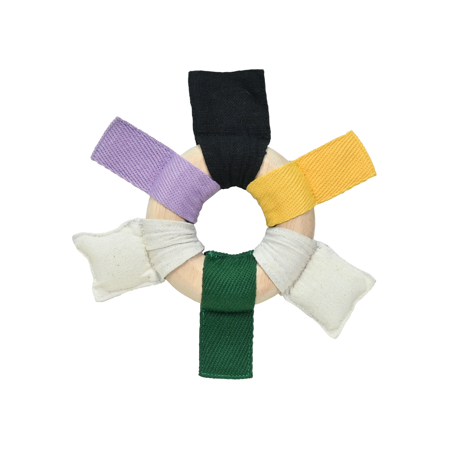 A circular ribbon ring with alternating black, white, and green ribbons attached to it. Each ribbon is a different color and the ring is smooth and wooden.