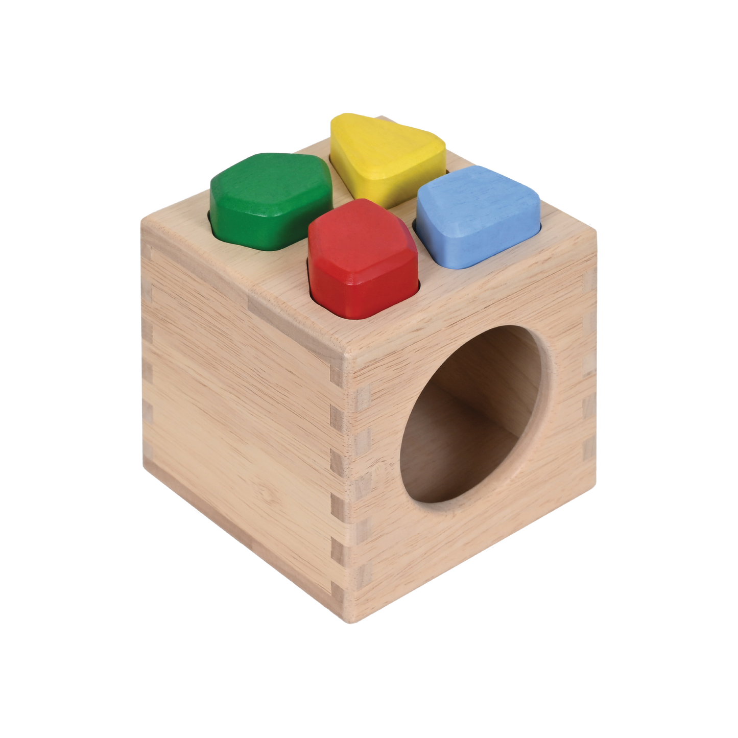A wooden sound stones sorter box with four colorful irregular shaped pieces inside.