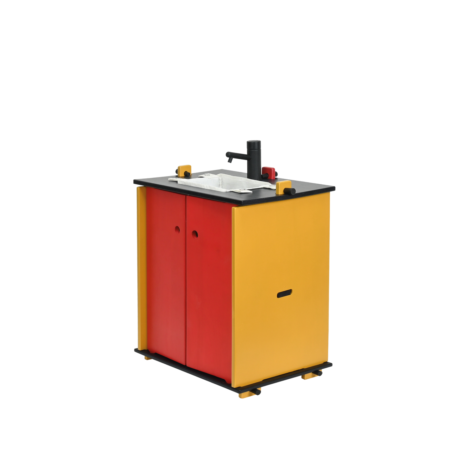 A color block dowel sink unit with a canvas sink on a wooden countertop, featuring a red and yellow color scheme with a black faucet.