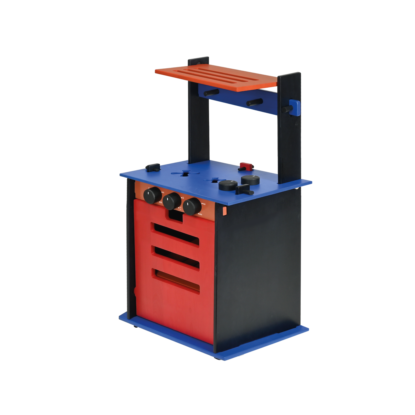 A toy kitchen set with a black and red oven, blue countertop, and gray hood. The set features turning knobs and a sliding tray.