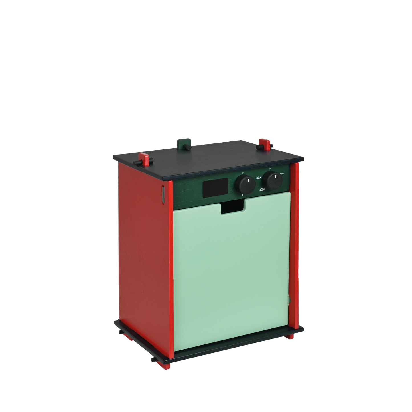 A toy dishwasher with a red and green color block, featuring a sliding drawer and a small soap compartment.