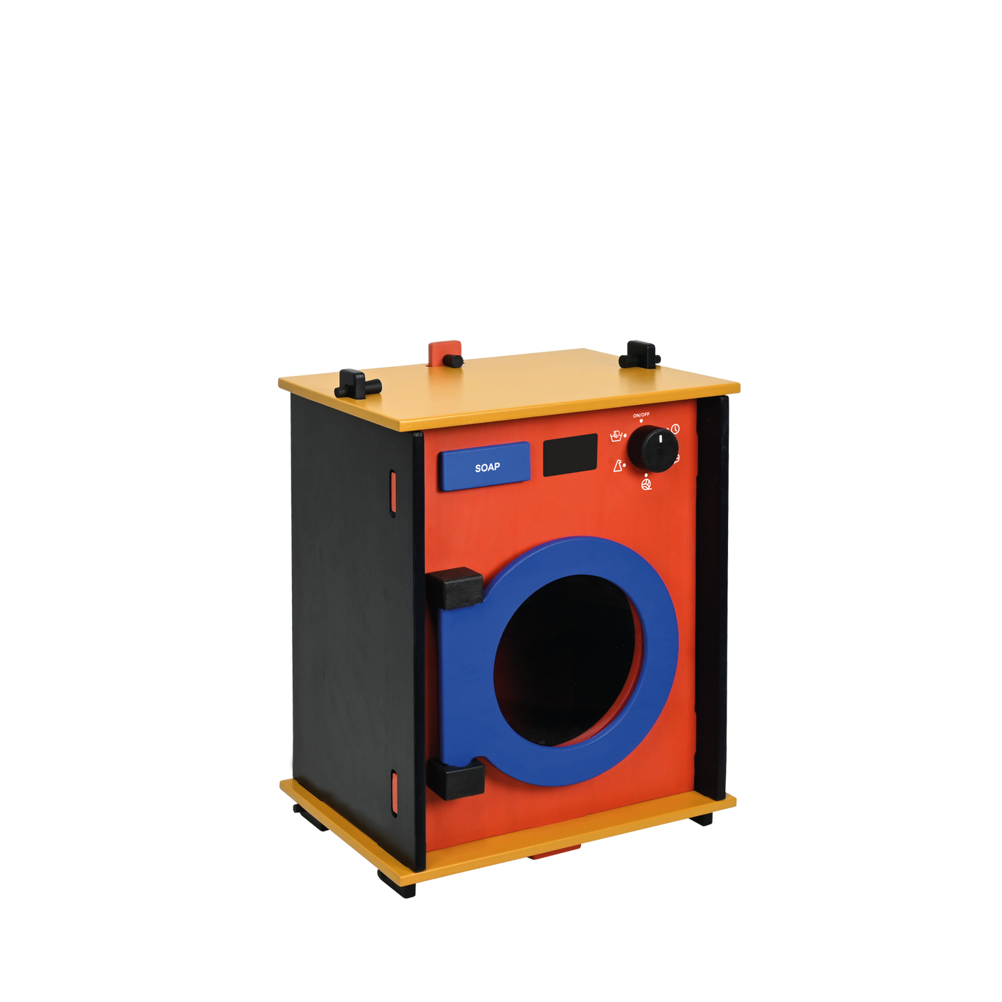 A colorful toy washing machine with a black body, orange top, and blue accents. The toy is designed with a swing door, a knob on the front, and a drawer for pretend detergent and softener.