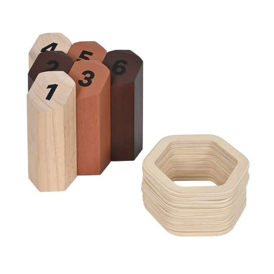 A set of wooden ring toss poles with numbers 1 to 6, and a wooden storage box.