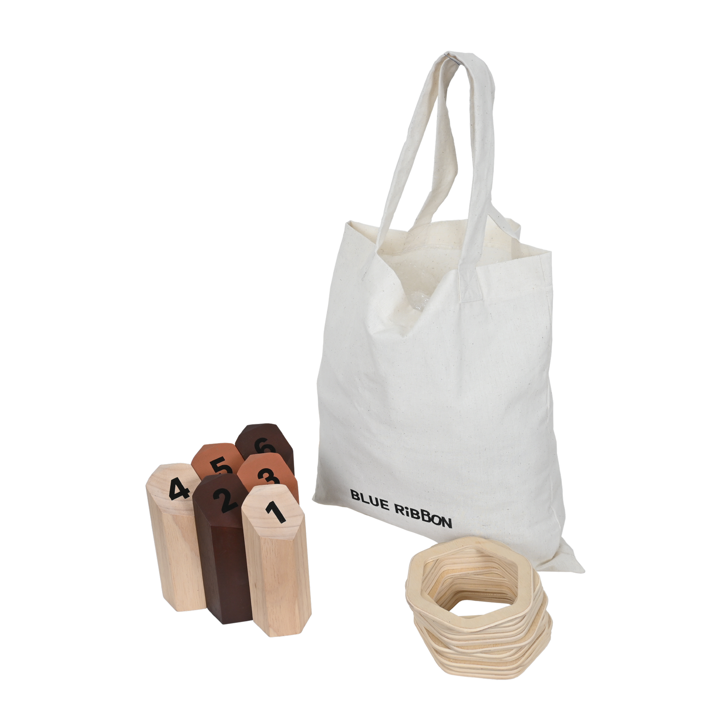 A set of wooden ring toss poles with numbers 1 to 6, and a wooden storage box.