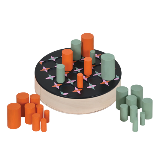 Wooden board game with colorful pegs and barrels in different sizes.