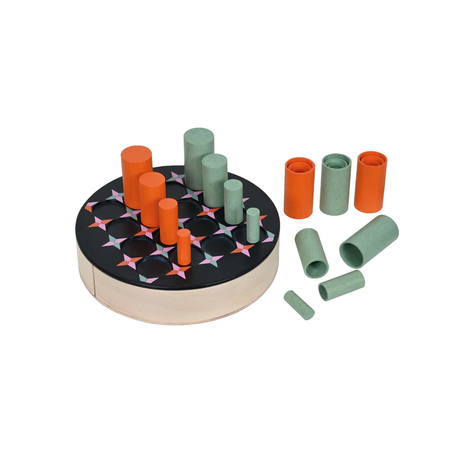 Wooden board game with colorful pegs and barrels in different sizes.