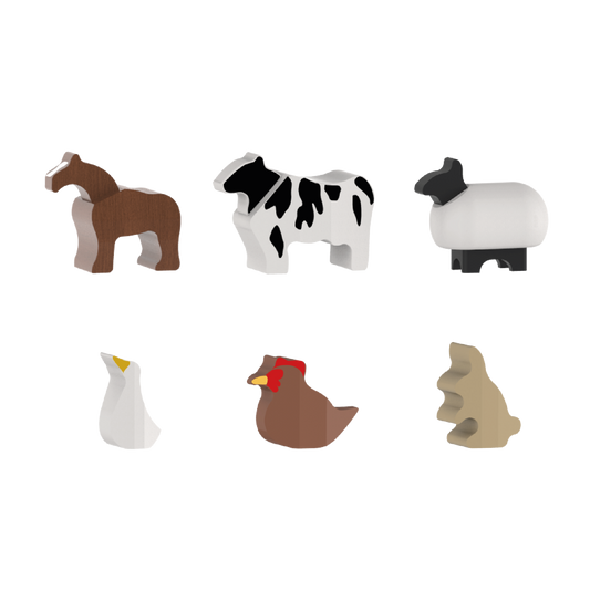 The farm animal set includes a horse and a cow with nodding heads, a hare, a goose, a sheep, and a chicken. 