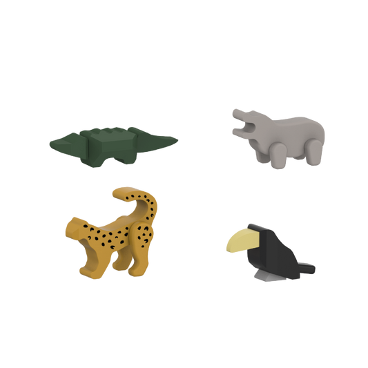 A set of four toy figures representing jungle animals, including a crocodile, a leopard, a hippopotamus, and a toucan.