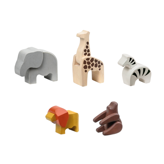 A set of toy safari animals including an elephant, giraffe, zebra, lion, and a gorilla.