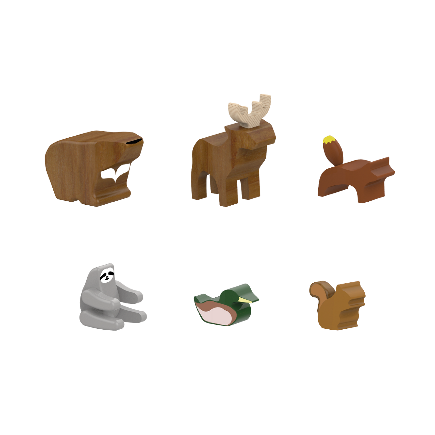 A collection of wooden animal figures including a bear, deer, fox, squirrel, sloth, and a duck.