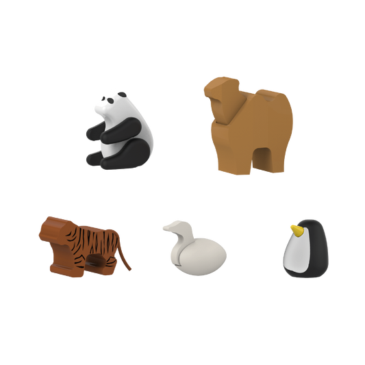 Set of five wooden zoo animal figures, including a panda, camel, swan, tiger, and penguin, in various colors and sizes.