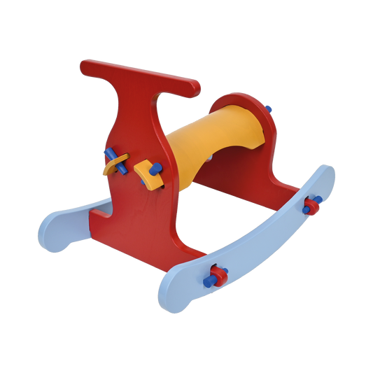 A colorful wooden rocking toy with a red seat and blue base, designed for toddlers.
