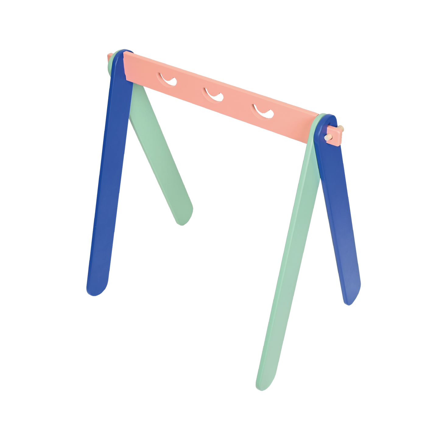 A colorful A-frame mobile hanger with a pink, blue, and green dowel construction designed for baby play areas.