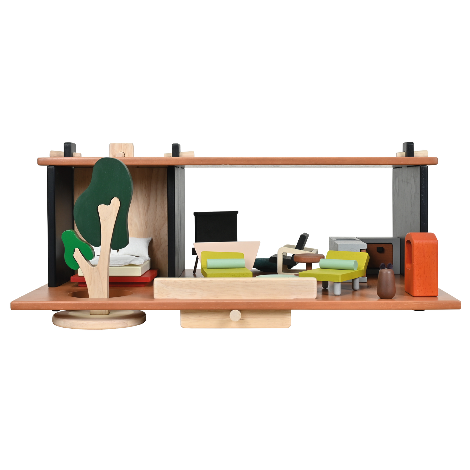 A modern dollhouse with a glass house inspiration, containing modern furniture and minimalist accessories. It is set up with a doll, a cat, and a season change tree.