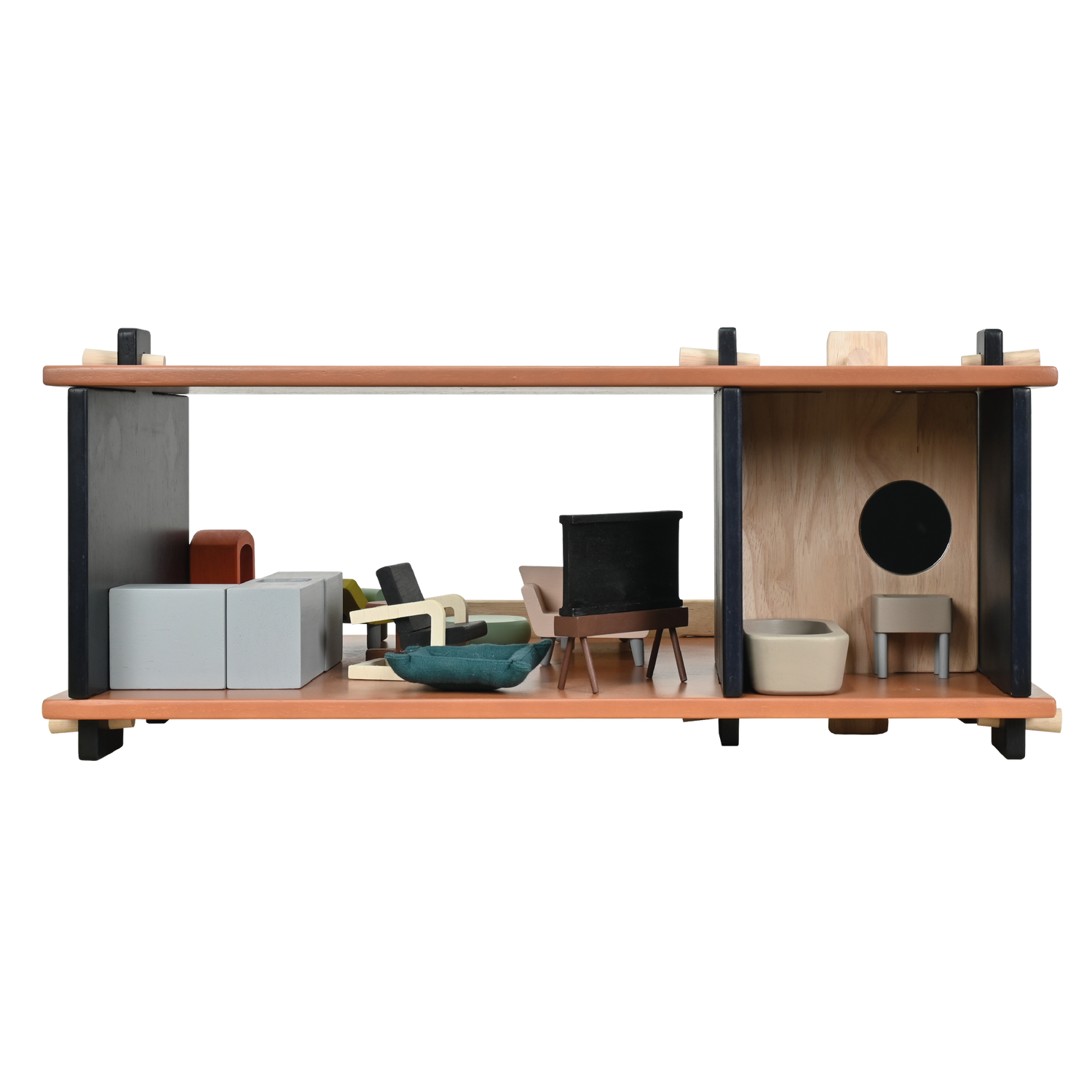 A modern dollhouse with a glass house inspiration, containing modern furniture and minimalist accessories. It is set up with a doll, a cat, and a season change tree.