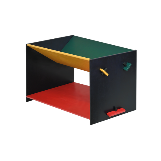 A colorful book caddy with a black base, green and yellow shelves, and a red slatted shelf.