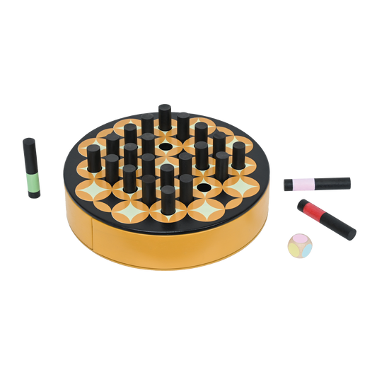 A memory game set with a board, dice, and various colored peg pieces.