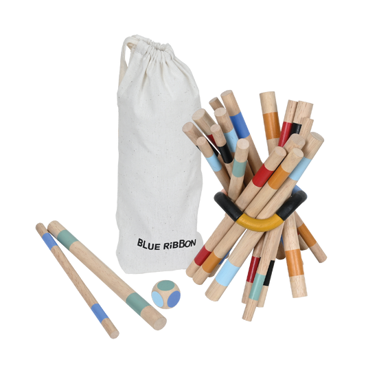 A set of wooden rod towers in various colors along with a storage bag, labeled 'Blue Ribbon'.