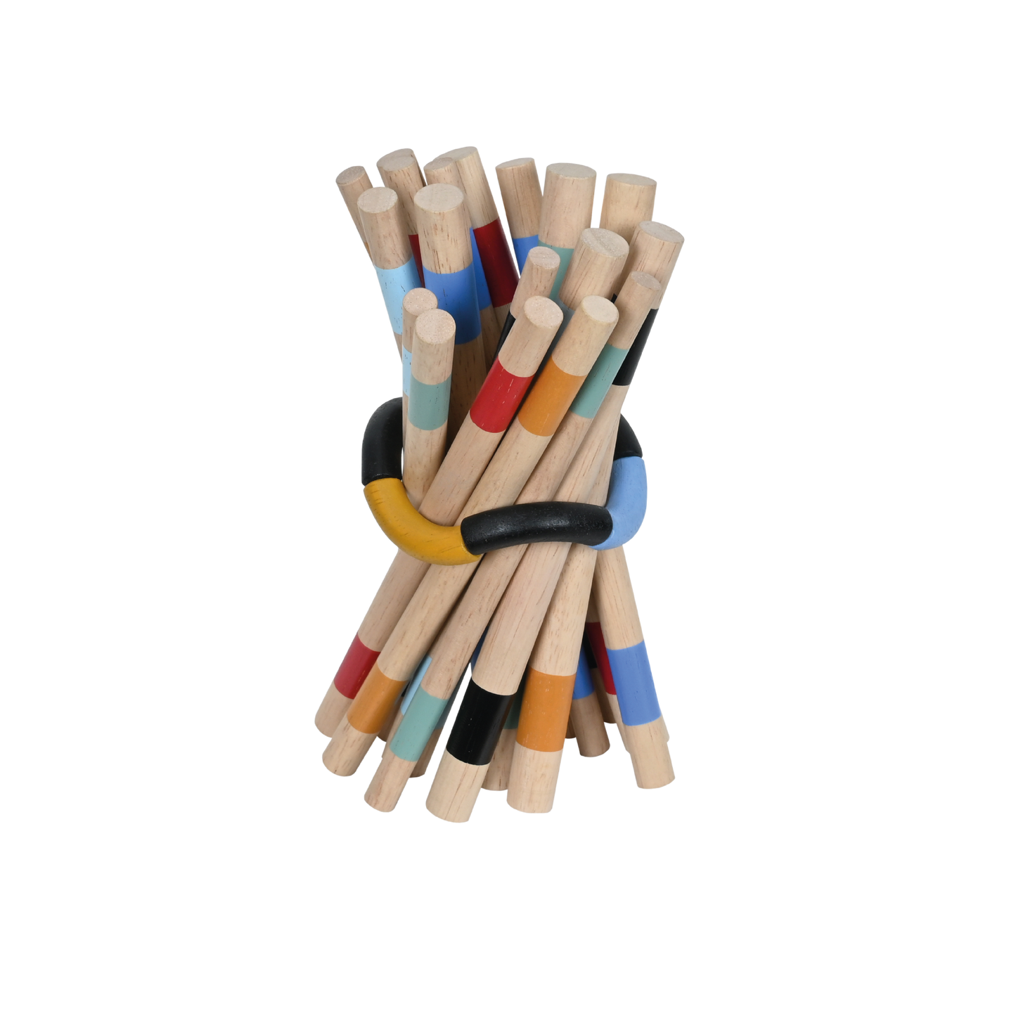 A set of wooden rod towers in various colors along with a storage bag, labeled 'Blue Ribbon'.