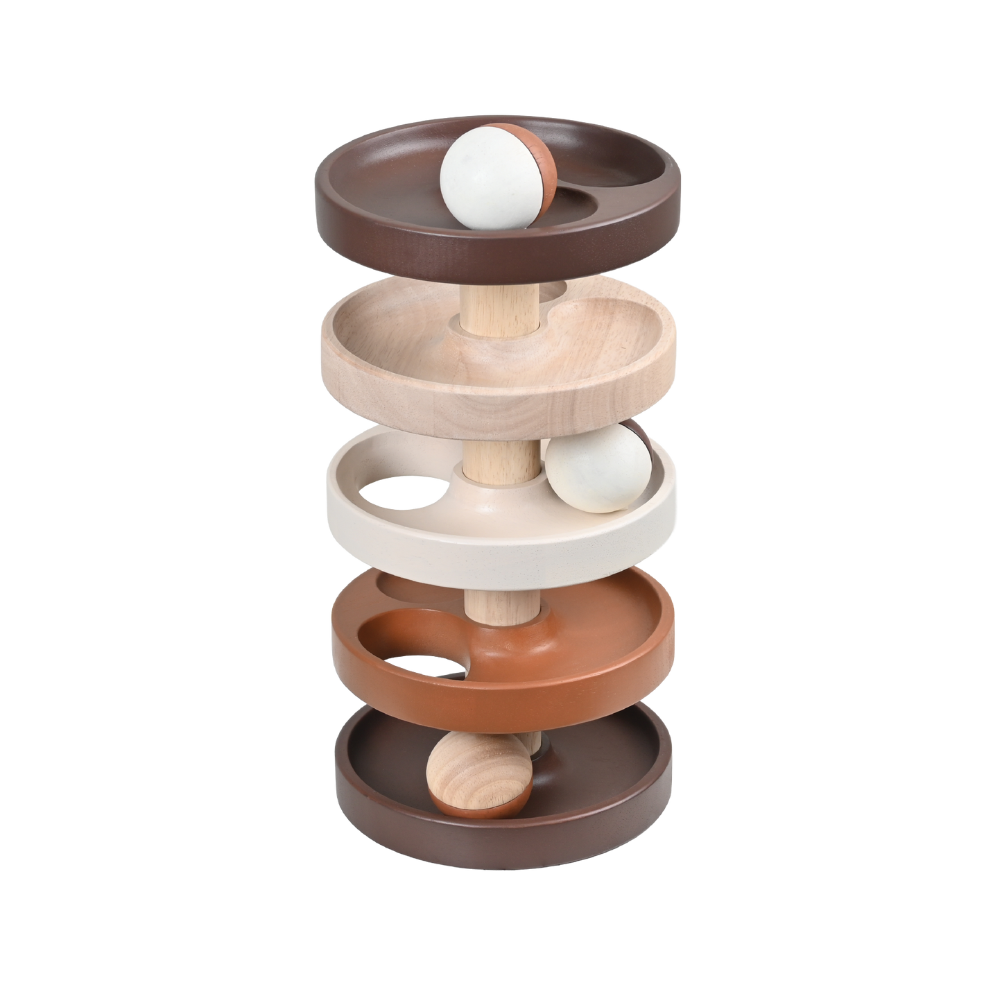 Stack of wooden toy rings with different colors on a white background