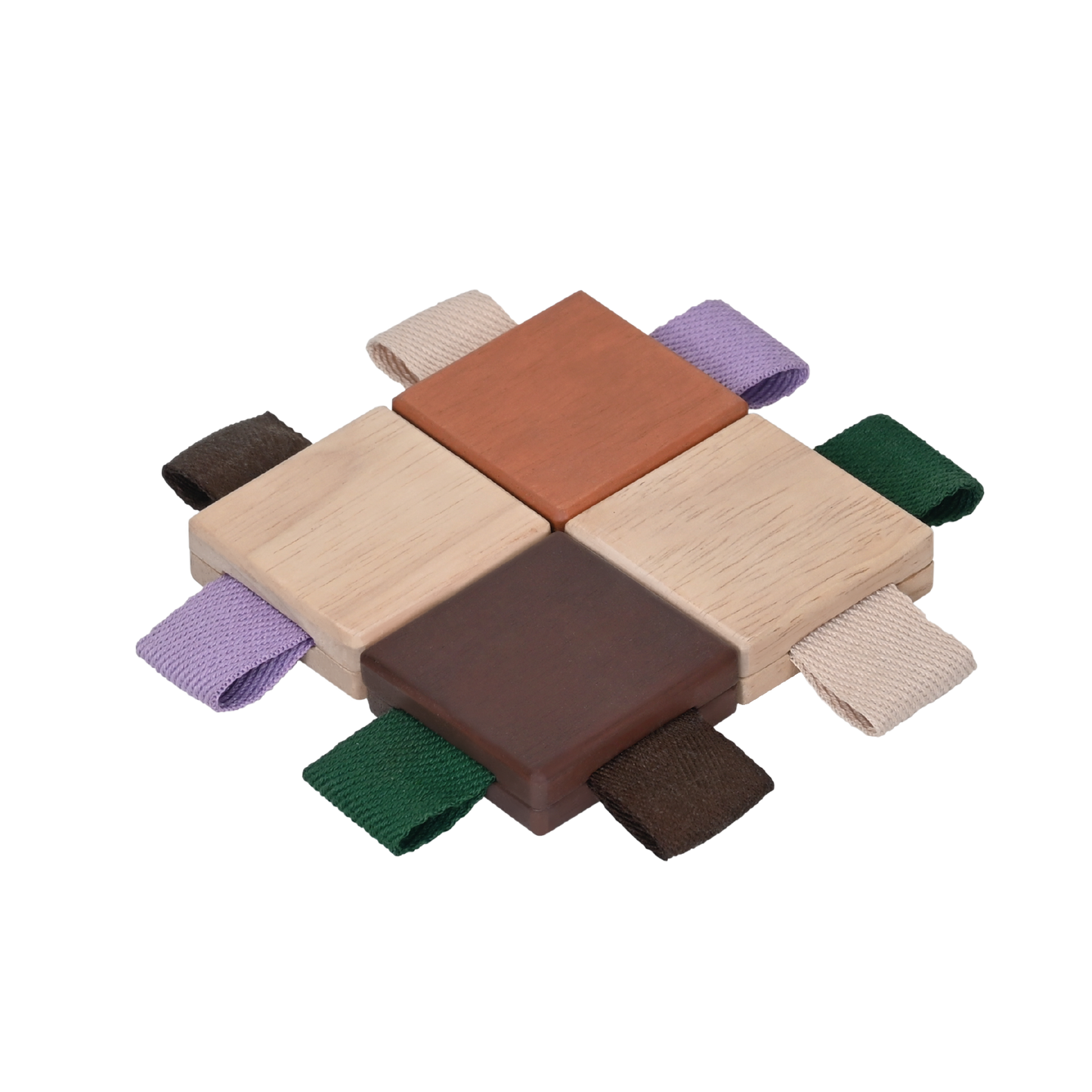 A set of Brown and Natural wood checker tiles with looped ribbons, designed for infant sensory development.