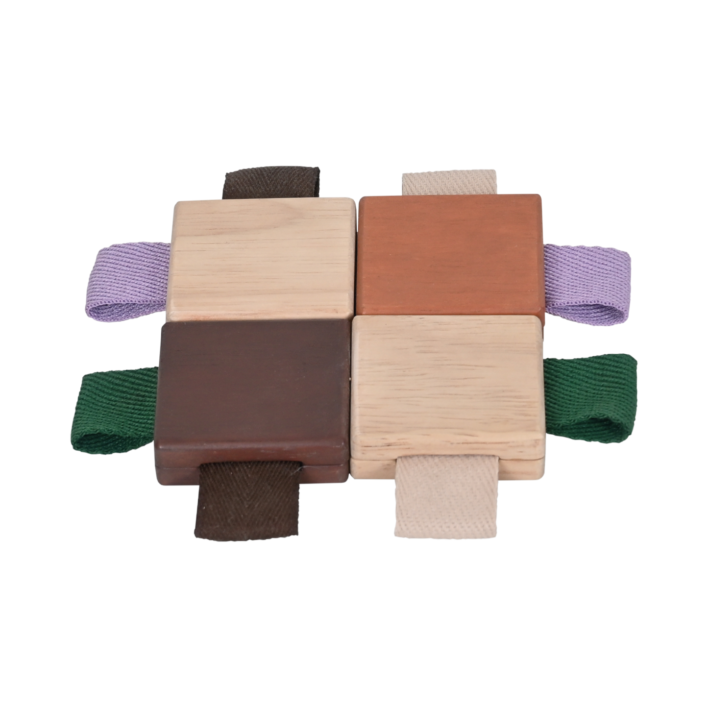 A set of Brown and Natural wood checker tiles with looped ribbons, designed for infant sensory development.
