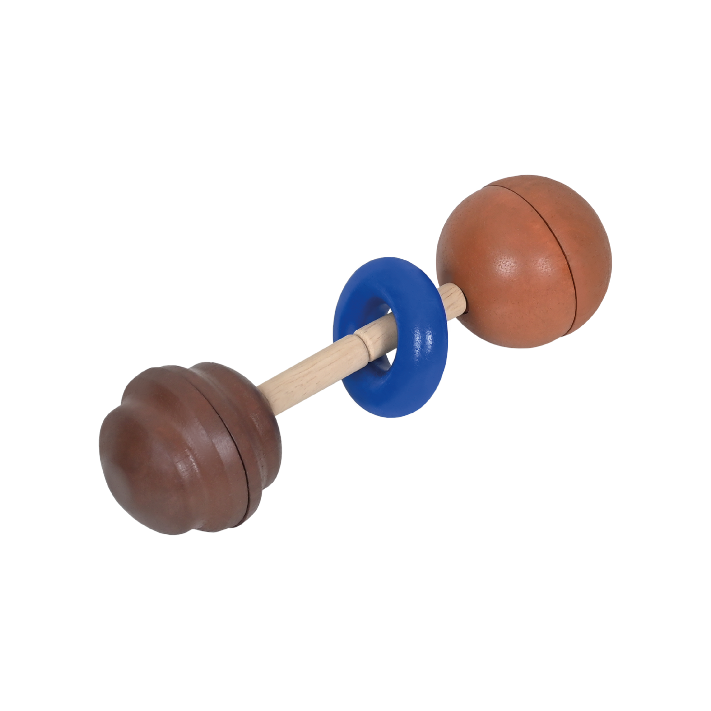 A Maraca Wand with a natural wood color and two brown rattling balls attached to a blue flexible stem.