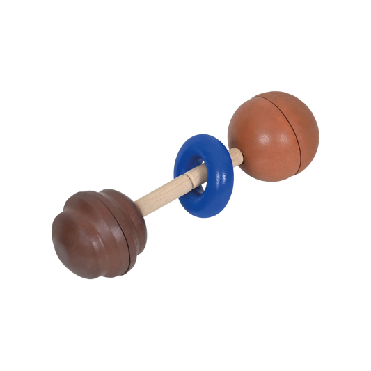 A Maraca Wand with a natural wood color and two brown rattling balls attached to a blue flexible stem.