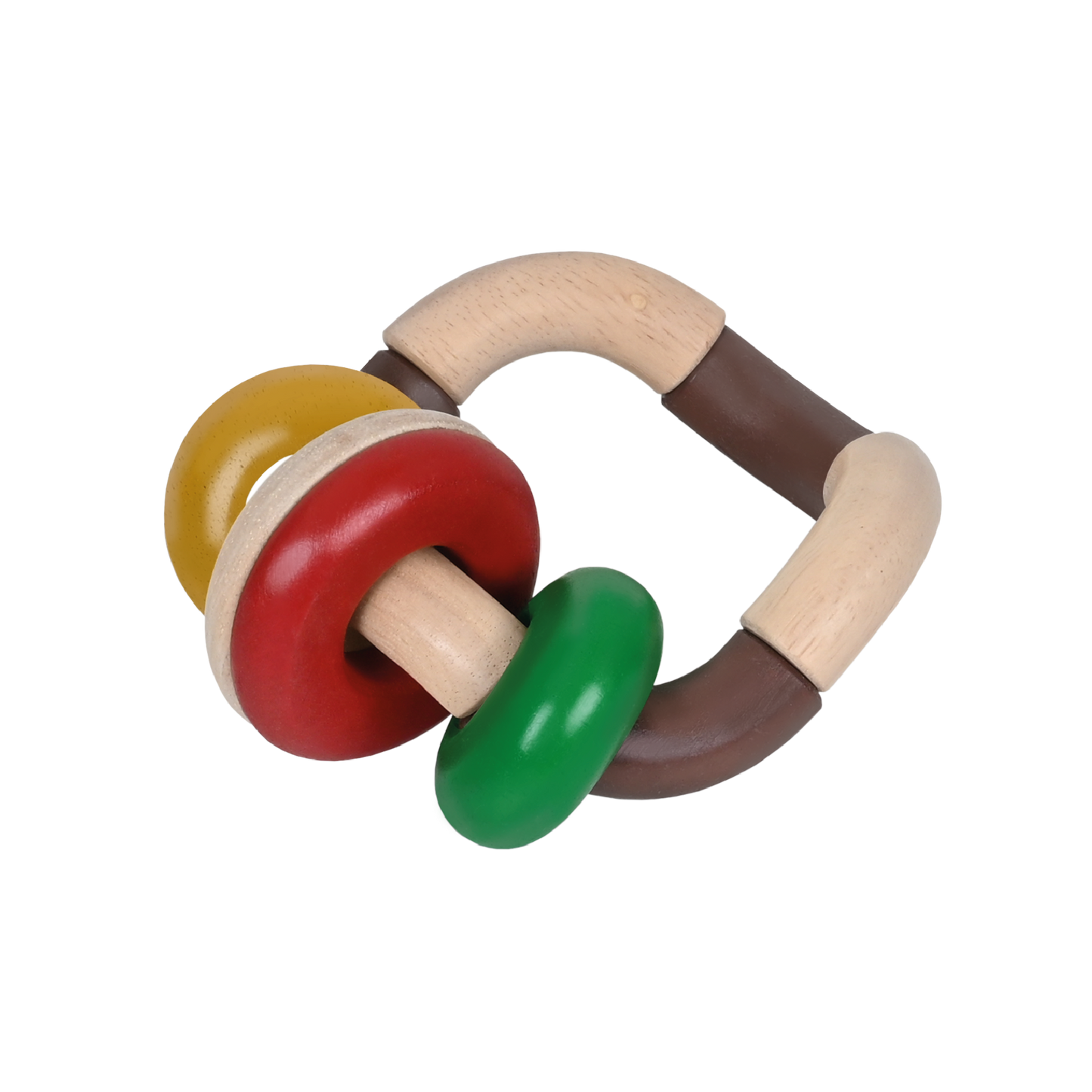 A natural brown ring maraca with smooth, rounded rings and a small bell, designed for baby's grip and play.
