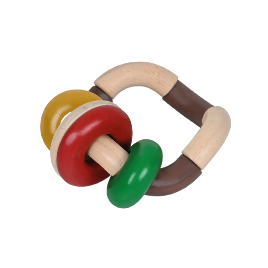 A natural brown ring maraca with smooth, rounded rings and a small bell, designed for baby's grip and play.