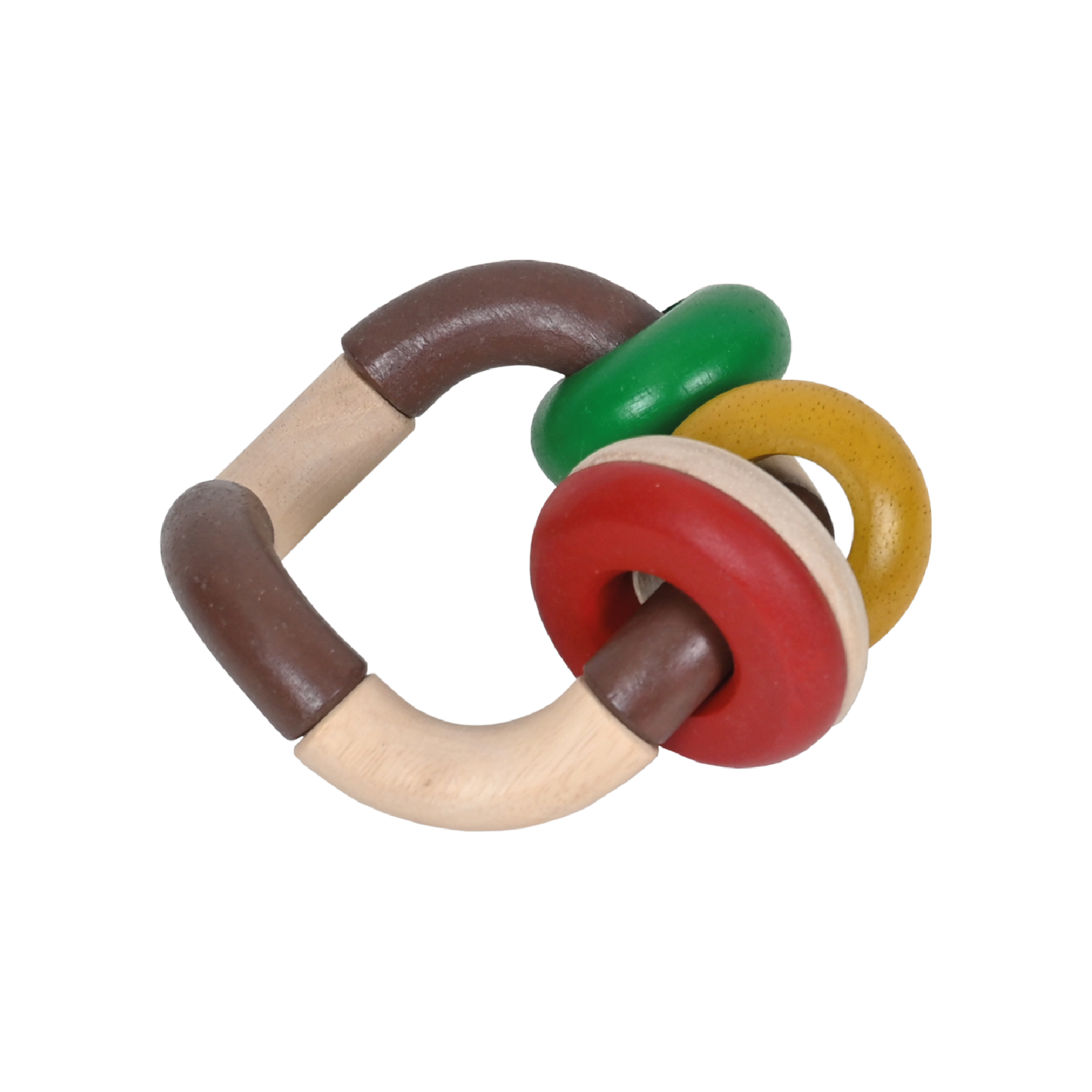 A natural brown ring maraca with smooth, rounded rings and a small bell, designed for baby's grip and play.