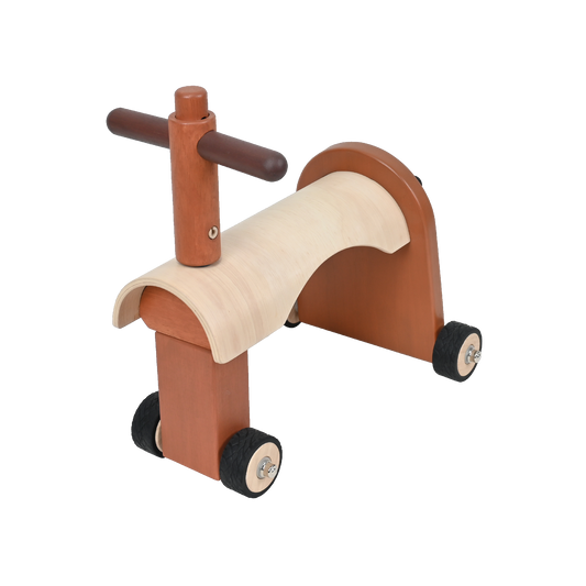 A wooden mini ride-on toy with a natural finish, featuring a seat and a steering wheel, mounted on wheels.