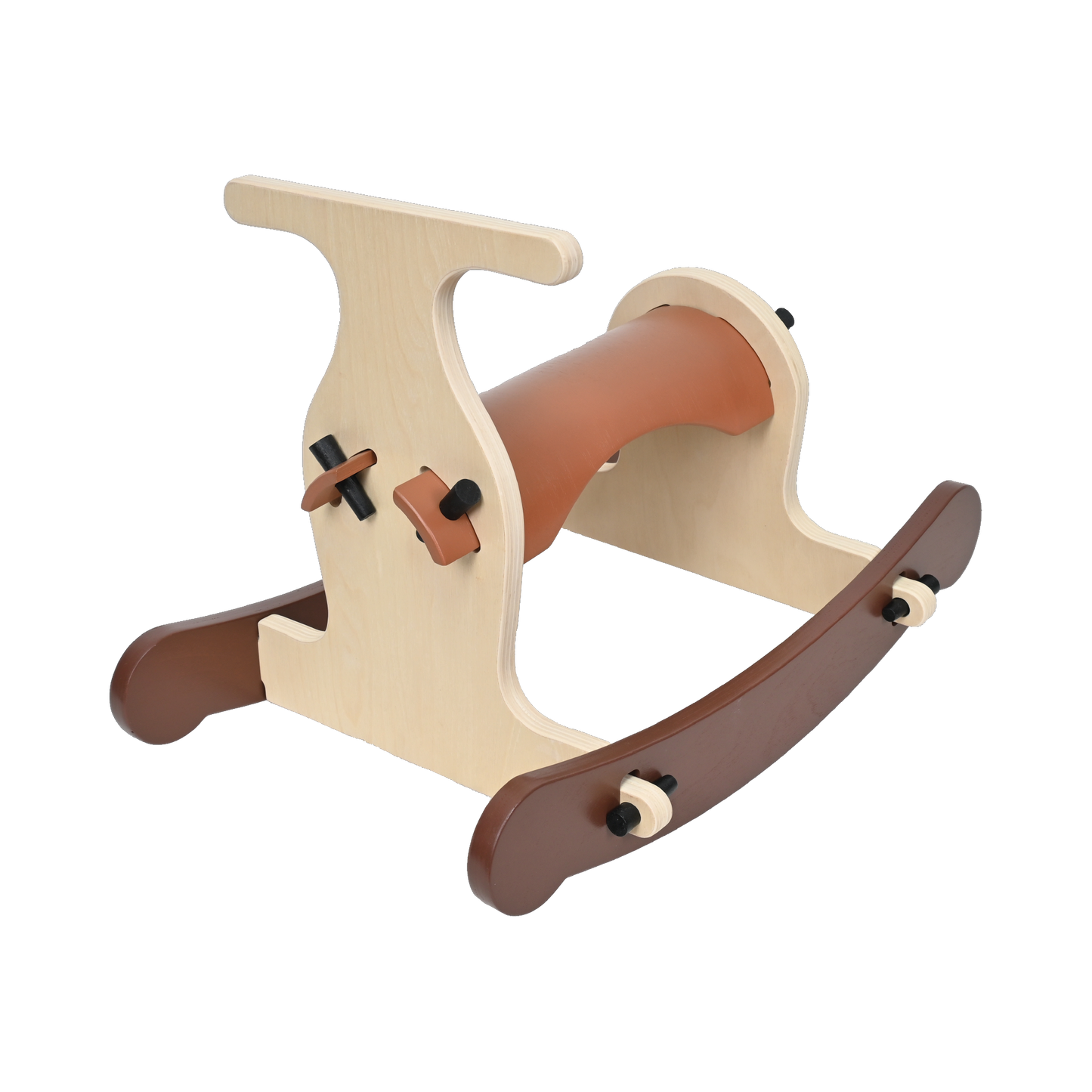 A natural brown wooden rocking toy, designed for toddlers