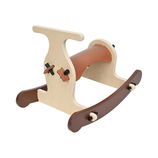 A natural brown wooden rocking toy, designed for toddlers