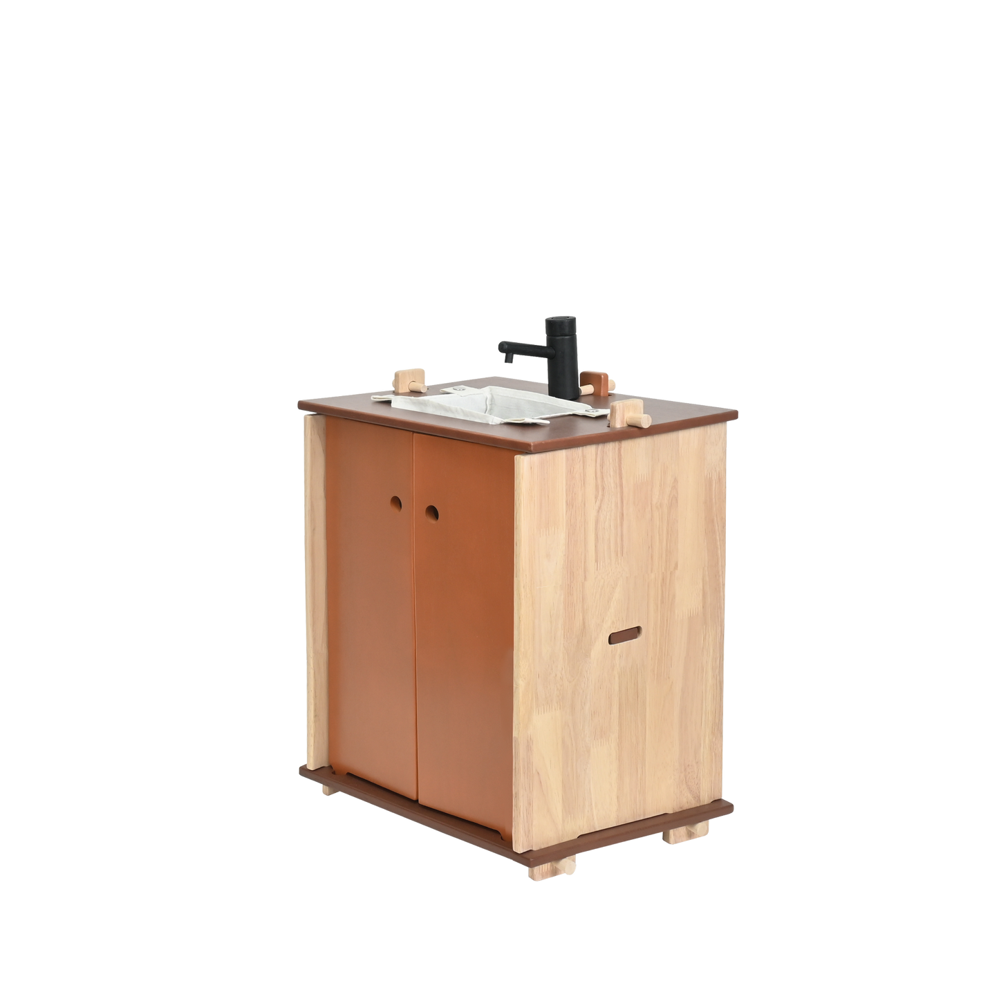 A children's toy refrigerator with a natural wood finish on the upper part and a lower refrigerator compartment in brown color, featuring an egg tray and two hanging bins.