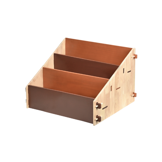 A natural wood and metal dowel bookshelf with three levels of compartments designed for children.