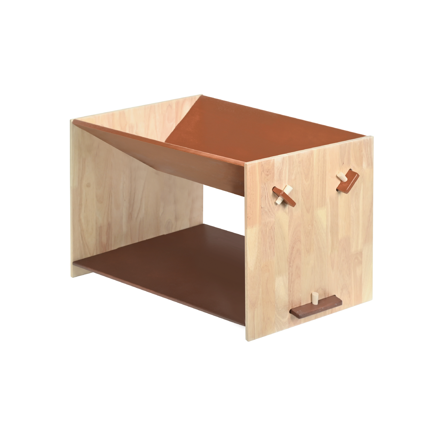 A wooden book caddy with a brown natural wood finish and a slatted shelf.