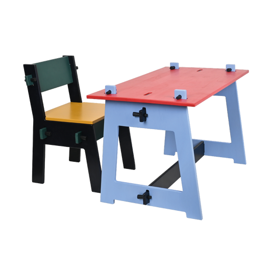 Children’s desk and chair set with Mondrian-inspired color block design, angled legs for stability, versatile space for study and play, warm natural wood tones that fit any room