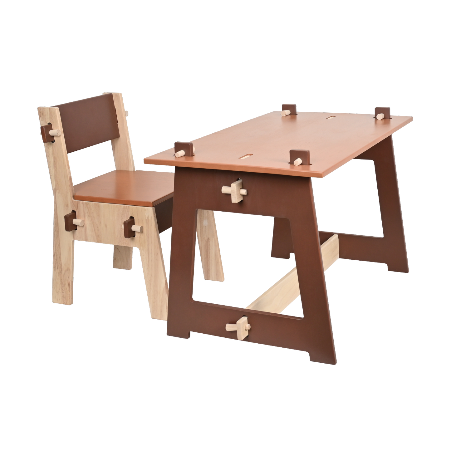 A natural wood finish desk with brown color blocks and a matching chair with angled legs.