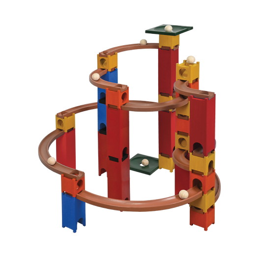 A colorful marble run toy consisting of a series of wooden blocks and tracks with marbles set up mid-run.