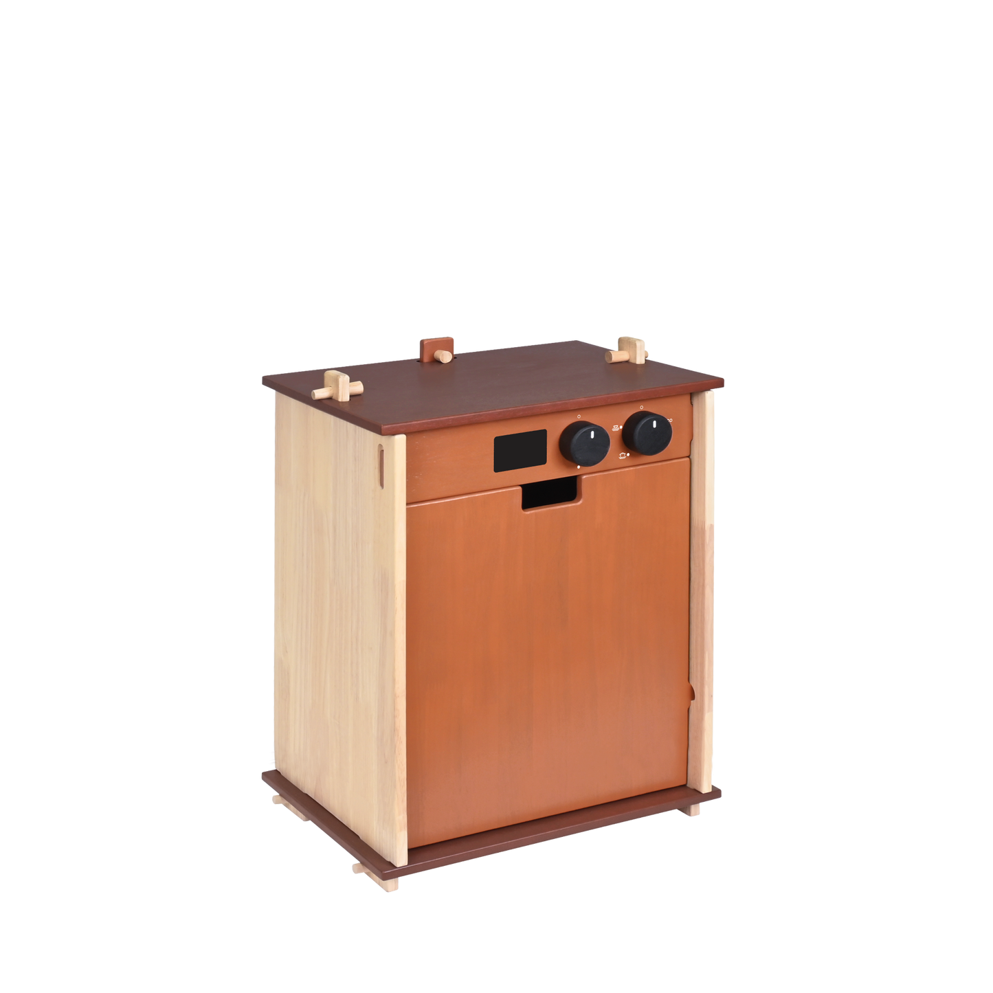 A wooden toy dishwasher with a brown finish, featuring a sliding drawer and a small compartment on top.