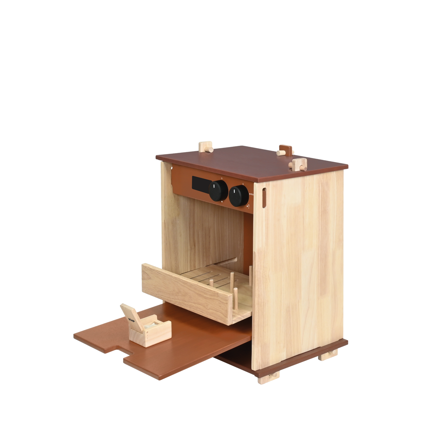 A wooden toy dishwasher with a brown finish, featuring a sliding drawer and a small compartment on top.