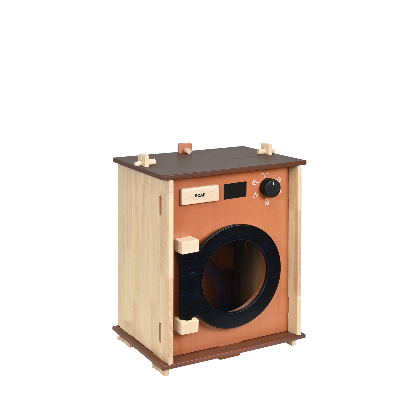 A children's washing machine toy made of wood, with a brown finish and a dark door resembling a real washing machine.