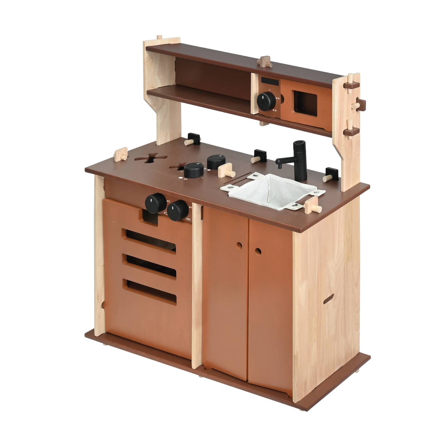 Children's toy kitchen set made of wood, featuring a stove top with knobs, an oven, a sink with a basket, and a microwave on the shelf above.