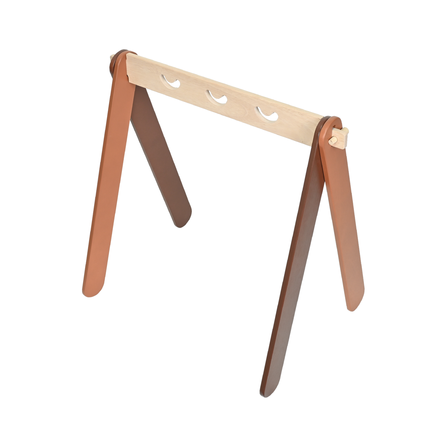 A natural brown A-frame mobile hanger with a pink, blue, and green dowel construction designed for baby play areas.