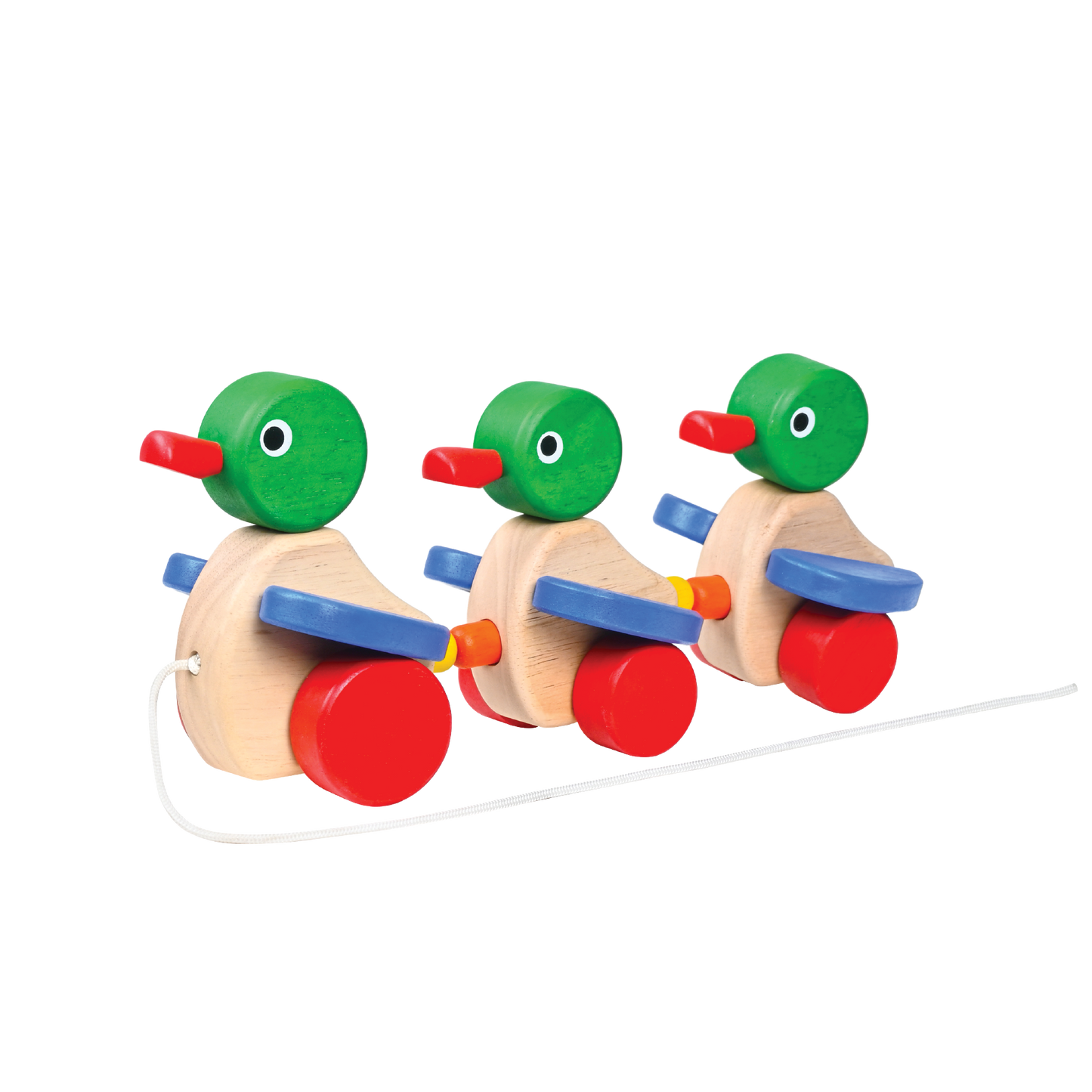 Colorful wooden toy ducks with labels for senses and motor skills on a white background